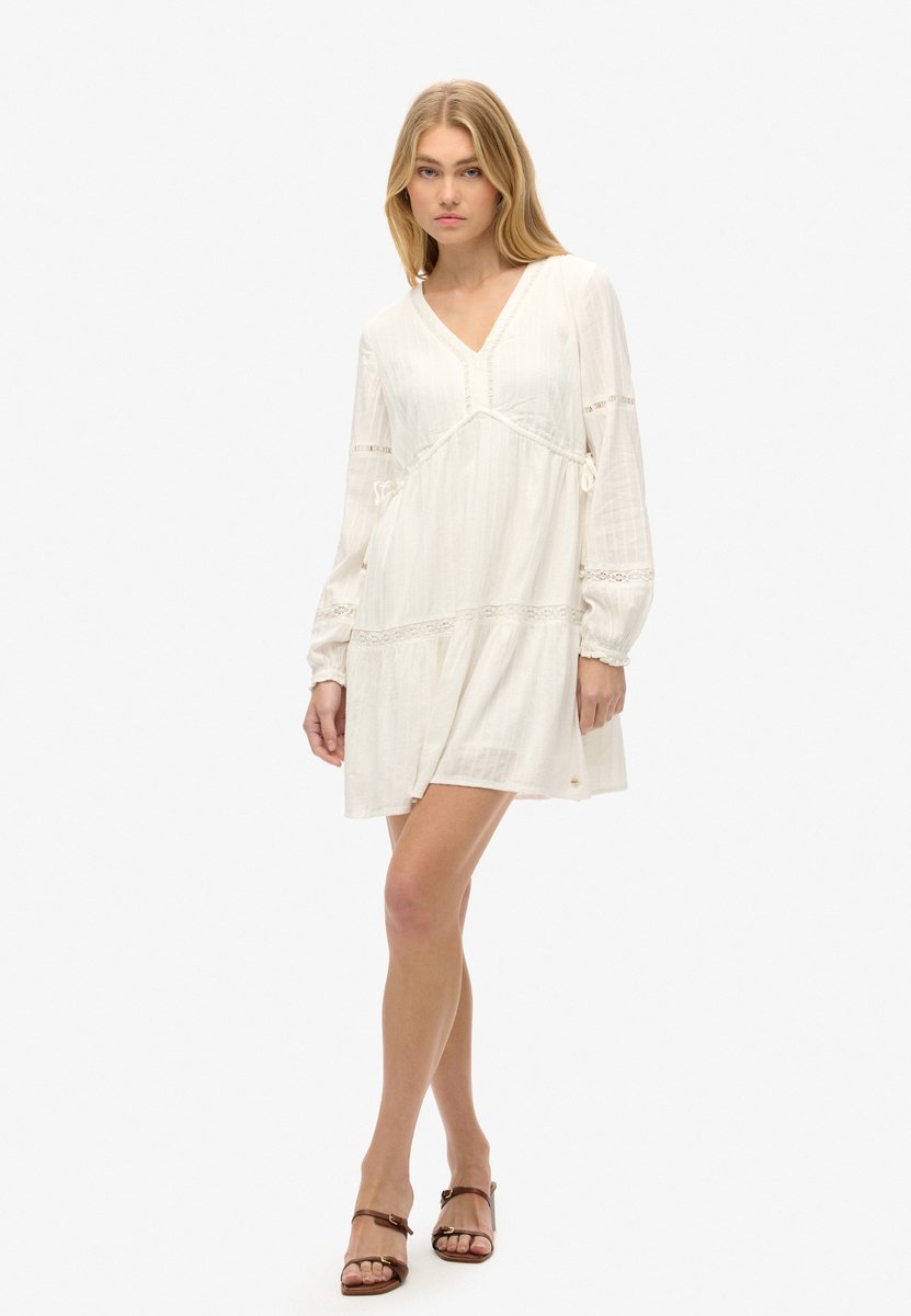 Superdry Ibiza gelaagde mini-jurk met lange mouwen Dames Jurken Creme
