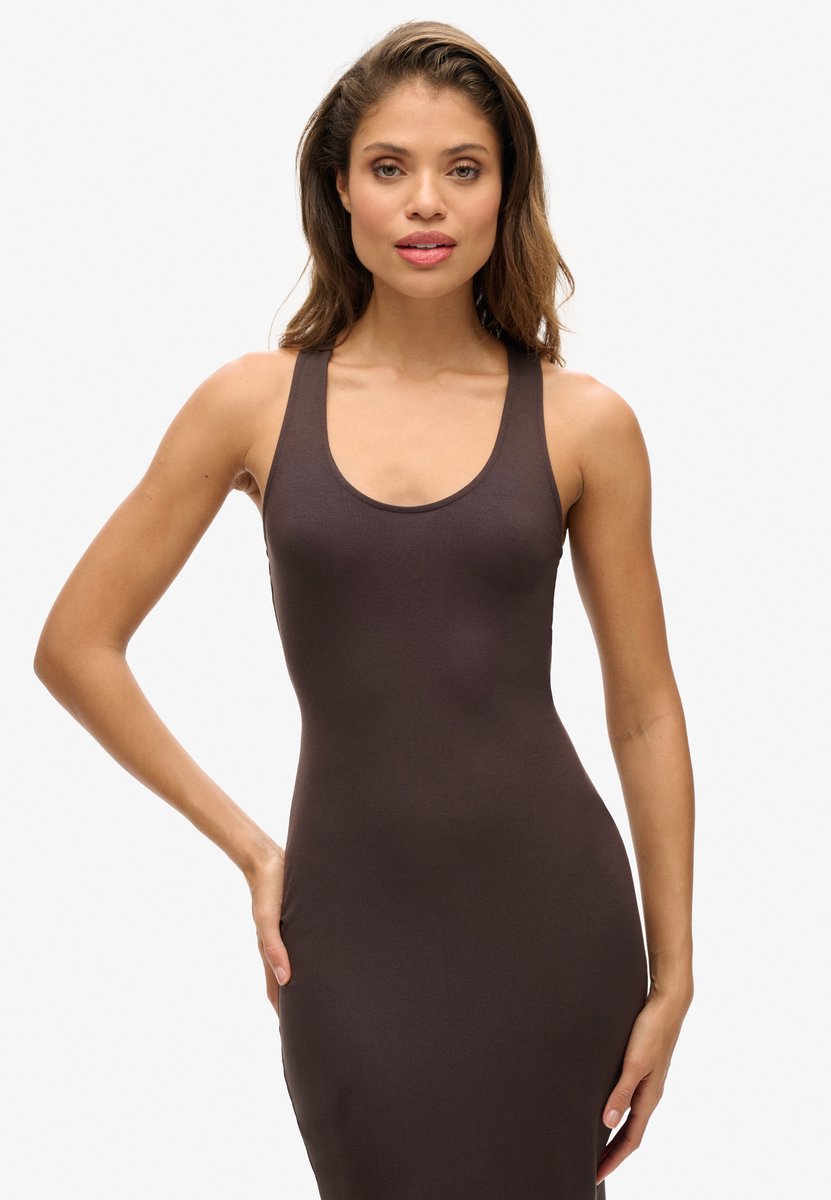 Superdry Jersey midi-jurk met laag uitgesneden ronde hals Dames Jurken Bruin