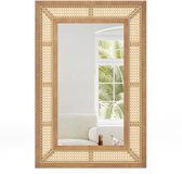 COSTWAY Rechthoekige wandspiegel rotan, 90 x 60 cm, decoratieve spiegel met houten frame en haken, horizontaal of verticaal, decoratieve spiegel, wandmontage, voor woonkamer, slaapkamer, entree
