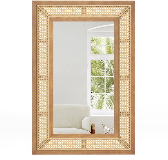 COSTWAY ronde rotan wandspiegel, decoratieve spiegel met houten frame