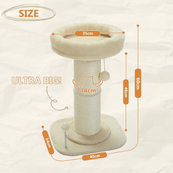 Happi N Pets Wolk kattenkrabpaal met bed, kattenboom voor binnenkatten, natuur sisal kattenkrabpaal met kat, knusse pluizige baars voor kitten en volwassen katten, kleine kattentoren met ballen