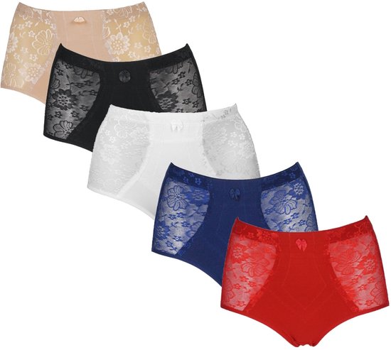 Vijf dames slips in rood, blauw, wit, zwart en beige, met kanten afwerking en strikdetail.