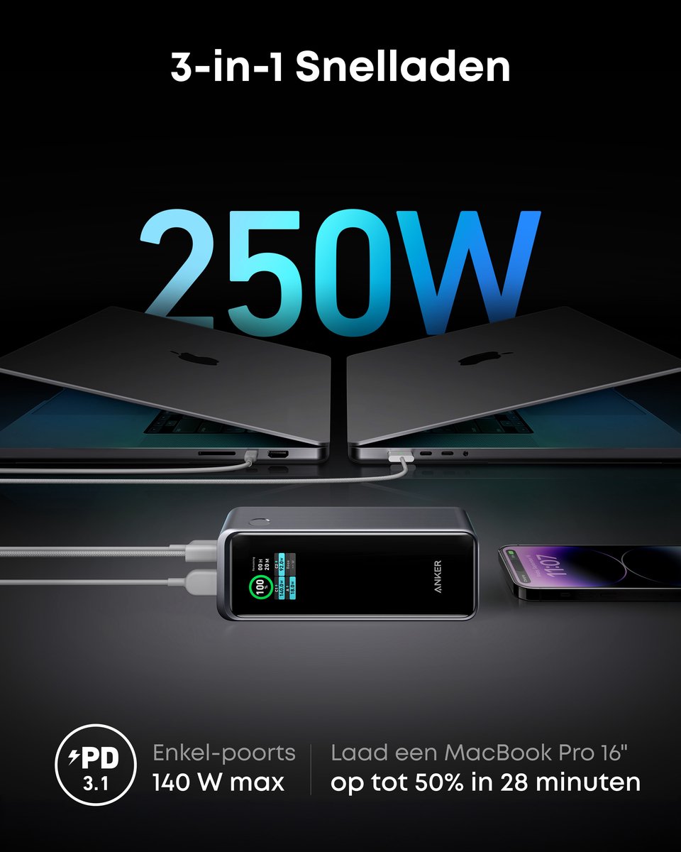 Anker Prime Powerbank 27.650mAh - 250W - 2x USB-C & 1x USB-A - afbeelding 3