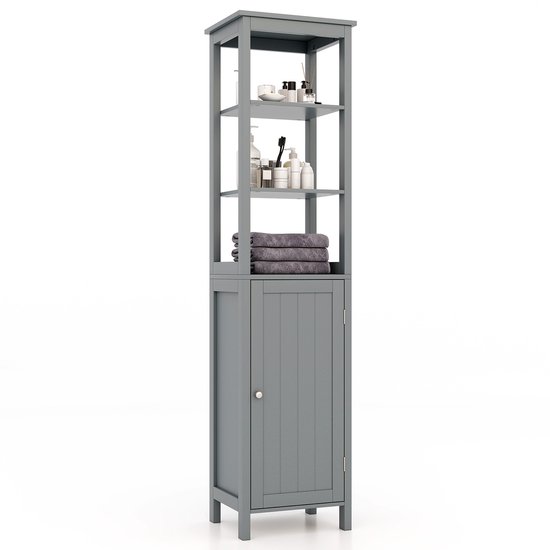 COSTWAY Badkamerkast, hoge kast met verstelbare planken, hoge badkamerkast met deur, houten opbergkast voor badkamer, woonkamer 40 x 32 x 160 cm (grijs