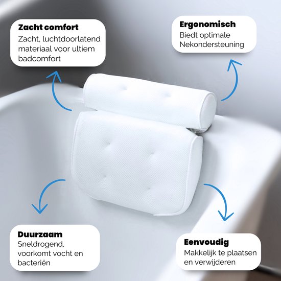 Wit, ergonomisch badkussen met zacht, luchtdoorlatend materiaal en 4 zuignappen voor nekondersteuning.