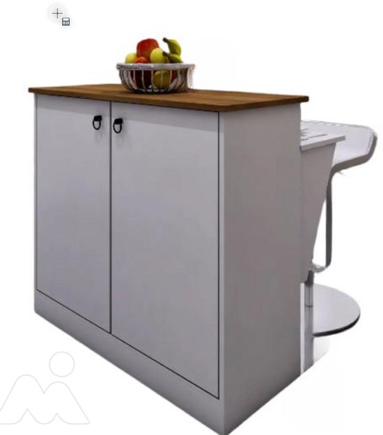Wit keukeneiland met houten blad en fruitmand, naast een witte barkruk.