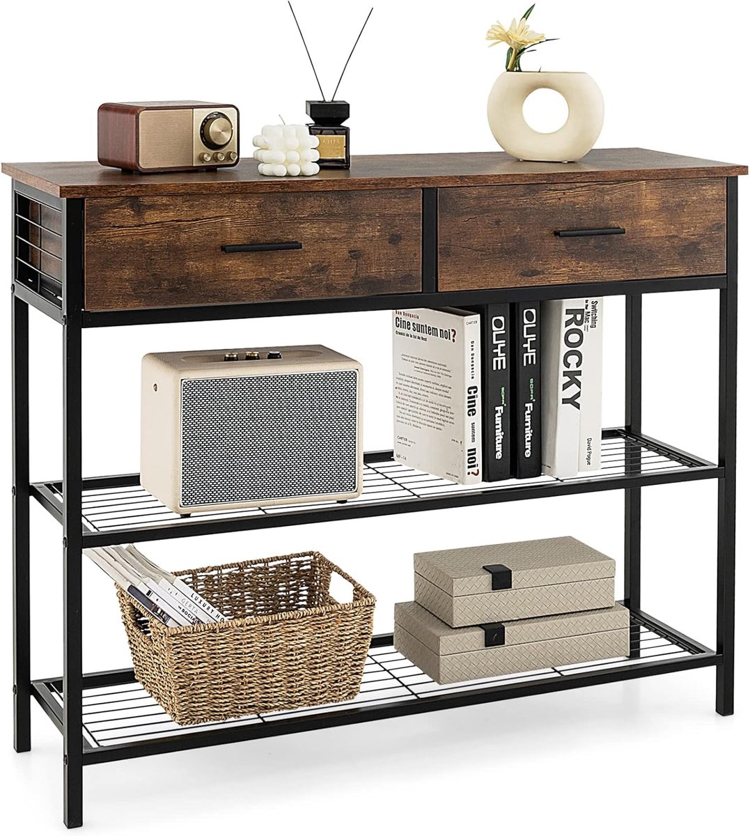 COSTWAY 100 cm consoletafel met 2 laden, 3 niveaus, gangtafel van hout, bijzettafel met metalen frame, met kantelbeveiliging