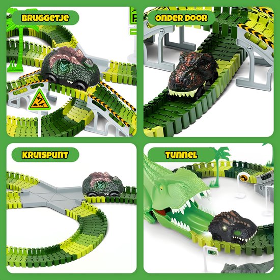 Gros plans d'un circuit de dinosaures: pont, passage souterrain, carrefour et tunnel avec une voiture dinosaure.