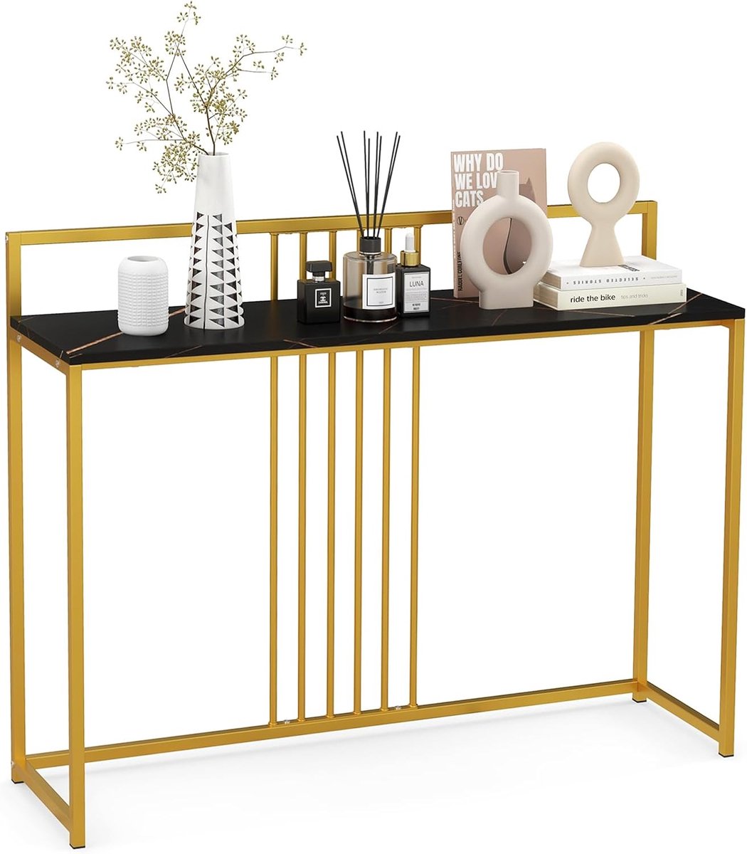 COSTWAY Consoletafel, bijzettafel, goudkleurig, haltafel, marmerlook, smal, goudkleurig metalen frame, 120 x 32,5 x 88 cm