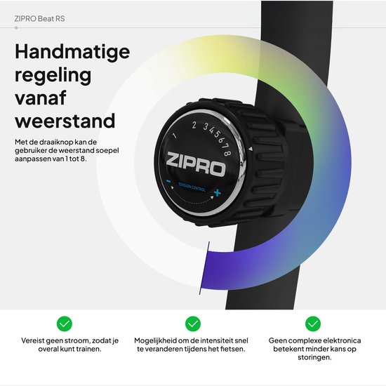 Close-up van de weerstandsknop van de hometrainer, met de tekst 'Handmatige regeling vanaf weerstand'.