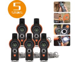Colorful Sun® 7-in-1 Survivalfluit - 5 Stuks - Oranje/Zwart - Noodfluit met LED, Kompas, Thermometer, Spiegel, Vergrootglas & Opbergvak - 120 dB Alarmfluit - Voor Noodgevallen, Outdoor, Wandelen, Camping & Sport - Inclusief Sleutelkoord
