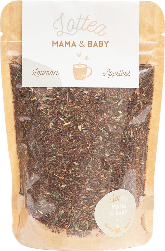 Lottea Mama & Baby thee, losse kruidenthee met lavendel en appelstukjes, 50 gram verpakking.