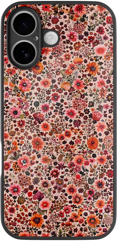 Coque pour iPhone 16 avec imprimé floral vintage aux tons rouges, orangés et roses sur fond clair.