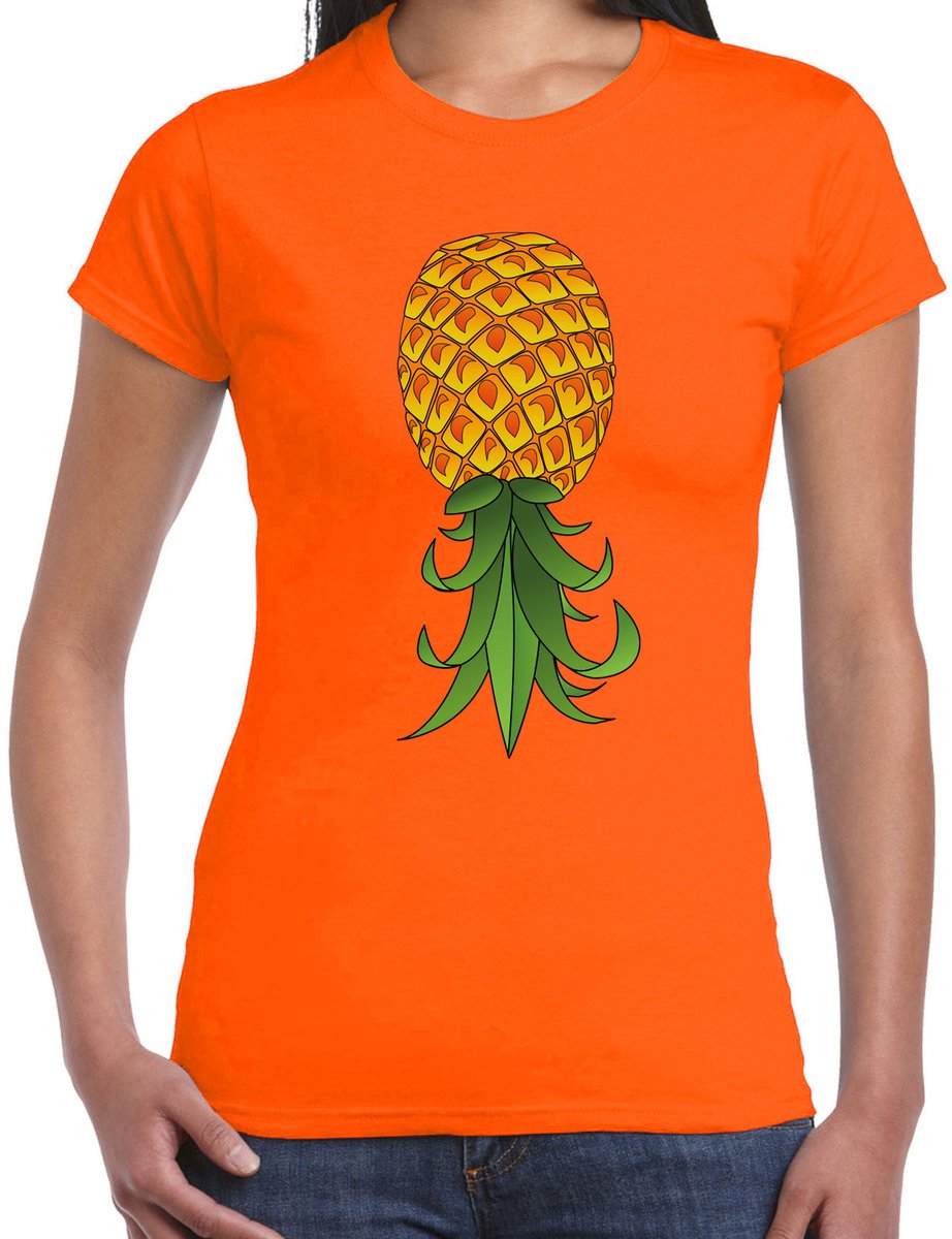 Bellatio Decorations Verkleed T-shirt dames - oranje - omgekeerde ananas - foute party/themafeest XL