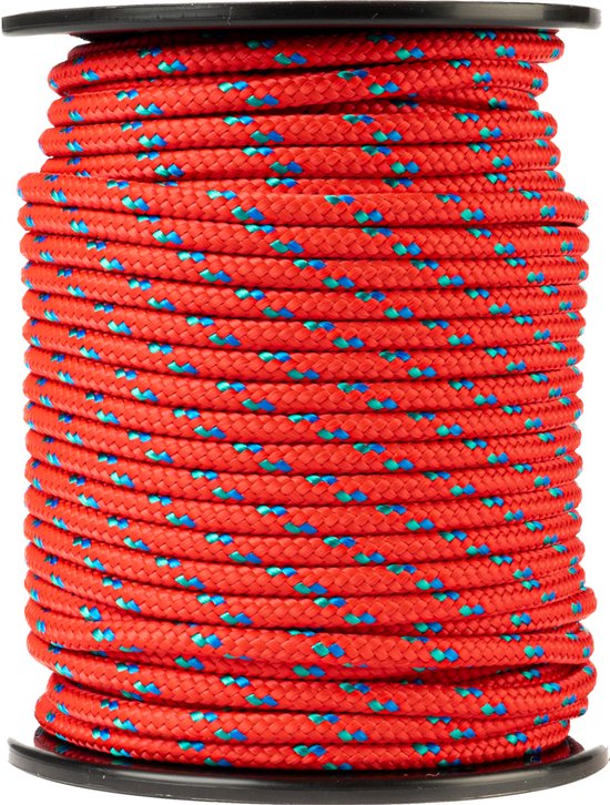 Rol rood touw met blauwe en groene stippen.