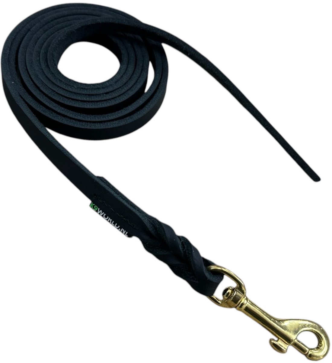 K9 World, honden riem, zwart leder, zonder handvat, 12 mm breed, 2 meter lang, messing musketon