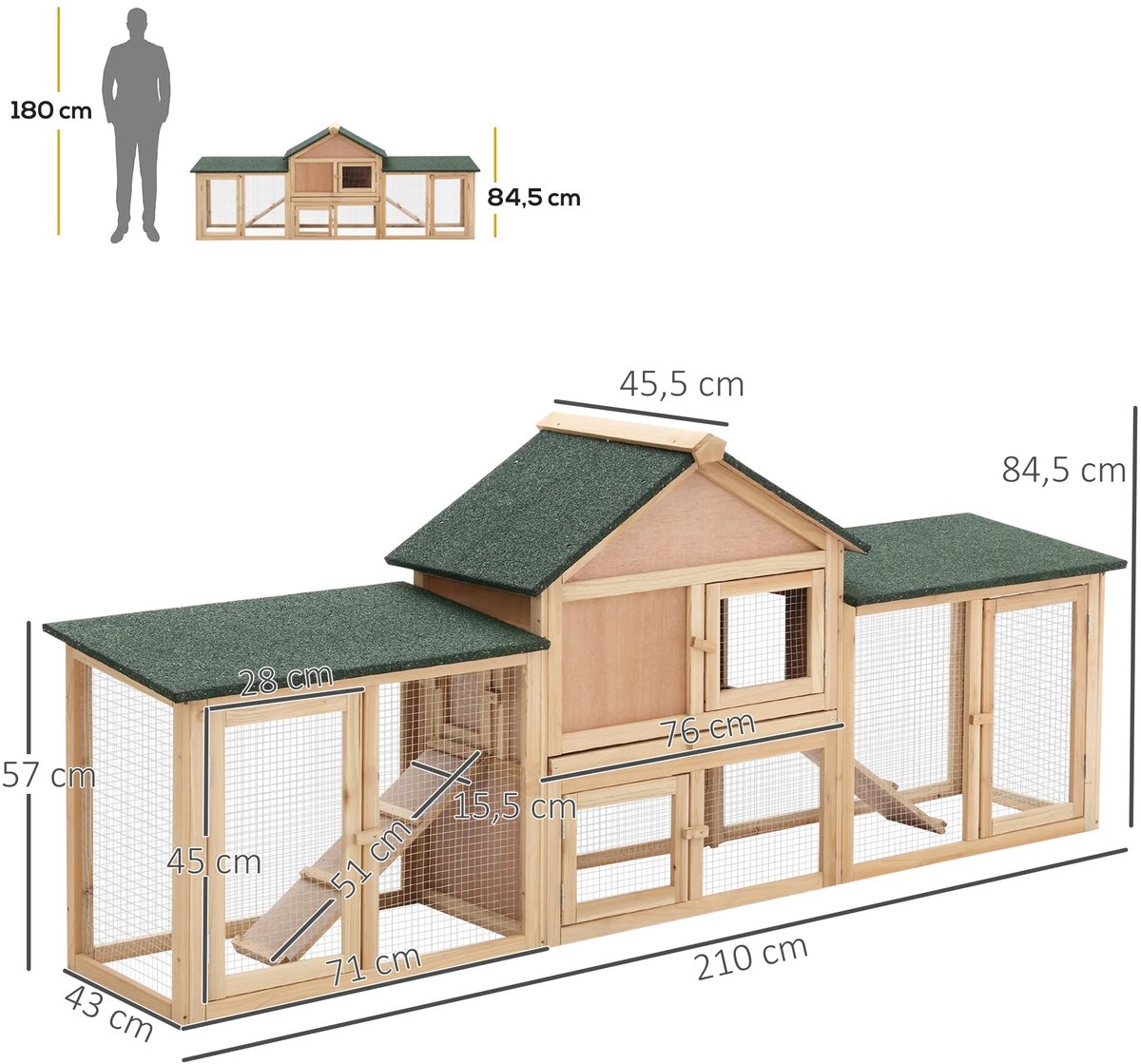 Gran Vida® - Konijnenhok - Ruim & Weerbestendig - Met Open Ren - Voor Binnen & Buiten - 210x45,5x84,5 cm - Grijs thumbnail 2