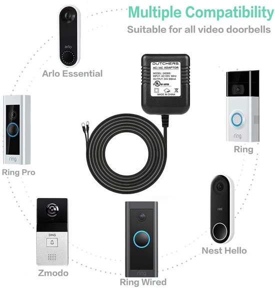 Video Voedingsadapter 2025 voor Deurbel 6M Zwart