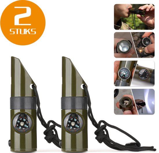 7 in 1 Multifunctionele Fluitje Trekking Thermometer Kompas Vergrootglas Fakkel Spiegel Led Licht Outdoor Camping Survival Fluitje