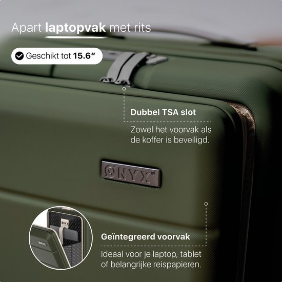 Groene koffer met apart laptopvak met rits. Dubbel TSA-slot. Geschikt tot 15.6".