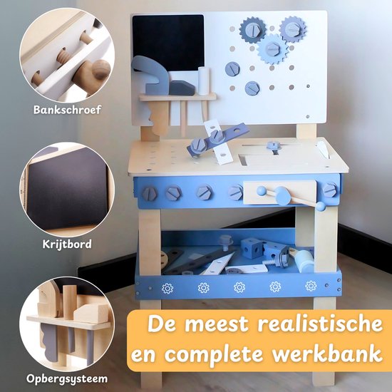 Houten Werkbank Speelgoed - Kinder Gereedschap met Hamer en Zaag - Klussen voor Jongens met Kindergereedschap - Vanaf 1 Jaar van Houten — afbeelding 2