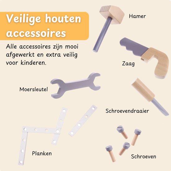 Houten Werkbank Speelgoed - Kinder Gereedschap met Hamer en Zaag - Klussen voor Jongens met Kindergereedschap - Vanaf 1 Jaar van Houten — afbeelding 3