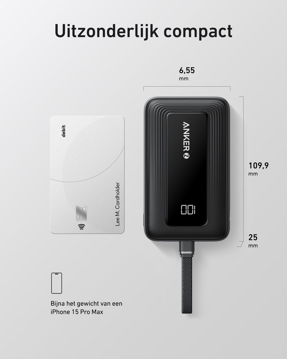 Afbeelding 2 van Anker Zolo Powerbank (10.000mAh, 30W, Ingebouwde USB-C-kabel) - 1x USB-C & 1x USB-A Poort Zwart - Snelladen - Compact & Krachtig Ontwerp