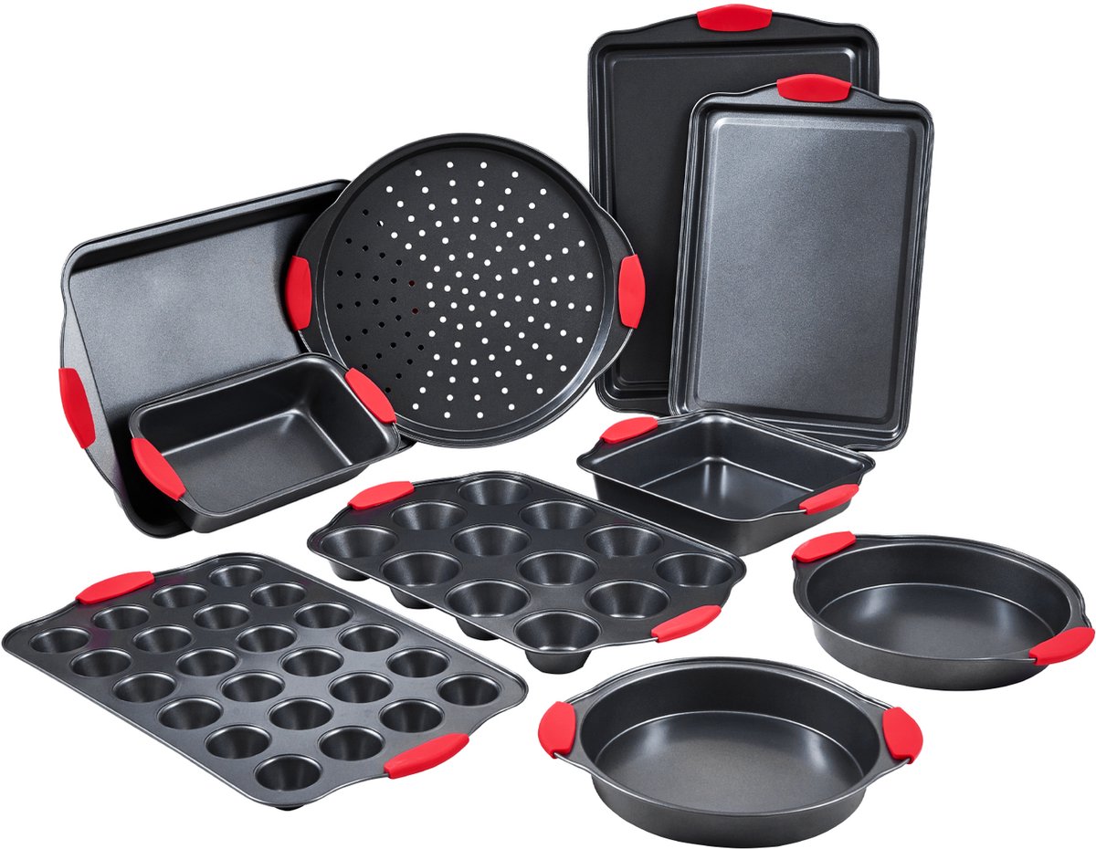 Bakvormenset - Ovenset 10-delig - Koolstofstaal met Antiaanbaklaag - Siliconen Handgrepen - Bakplaten, Cakevorm, Muffinvorm en Broodvorm - Zwart