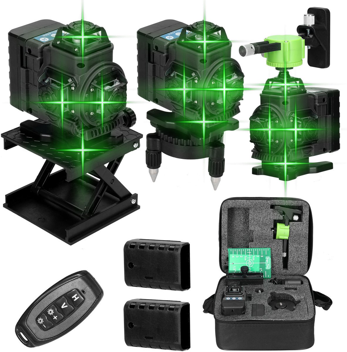 4D Kruislijnlaser met 16 Lijnen – Zelfnivellerend tot 3° – 360° Rotatie – Locomotief Design – Inclusief Muurbeugel, Afstandsbediening, 2 Accu’s & Oplader – Laserwaterpas voor Bouw & Klussen