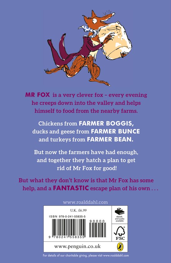 Boekrug van Fantastic Mr Fox, met een illustratie van Mr Fox die voedsel steelt.