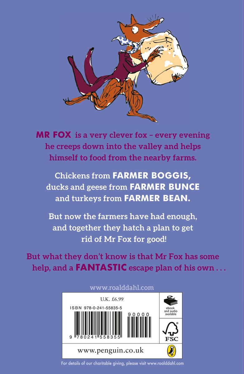 Boekrug van Fantastic Mr Fox, met een illustratie van Mr Fox die voedsel steelt.