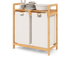 COSTWAY Wasmand 2 vakken, met 2 uittrekbare waszakken, wasverzamelaar met plank, wassorteerder bamboe voor badkamer, woonkamer en slaapkamer (wit)