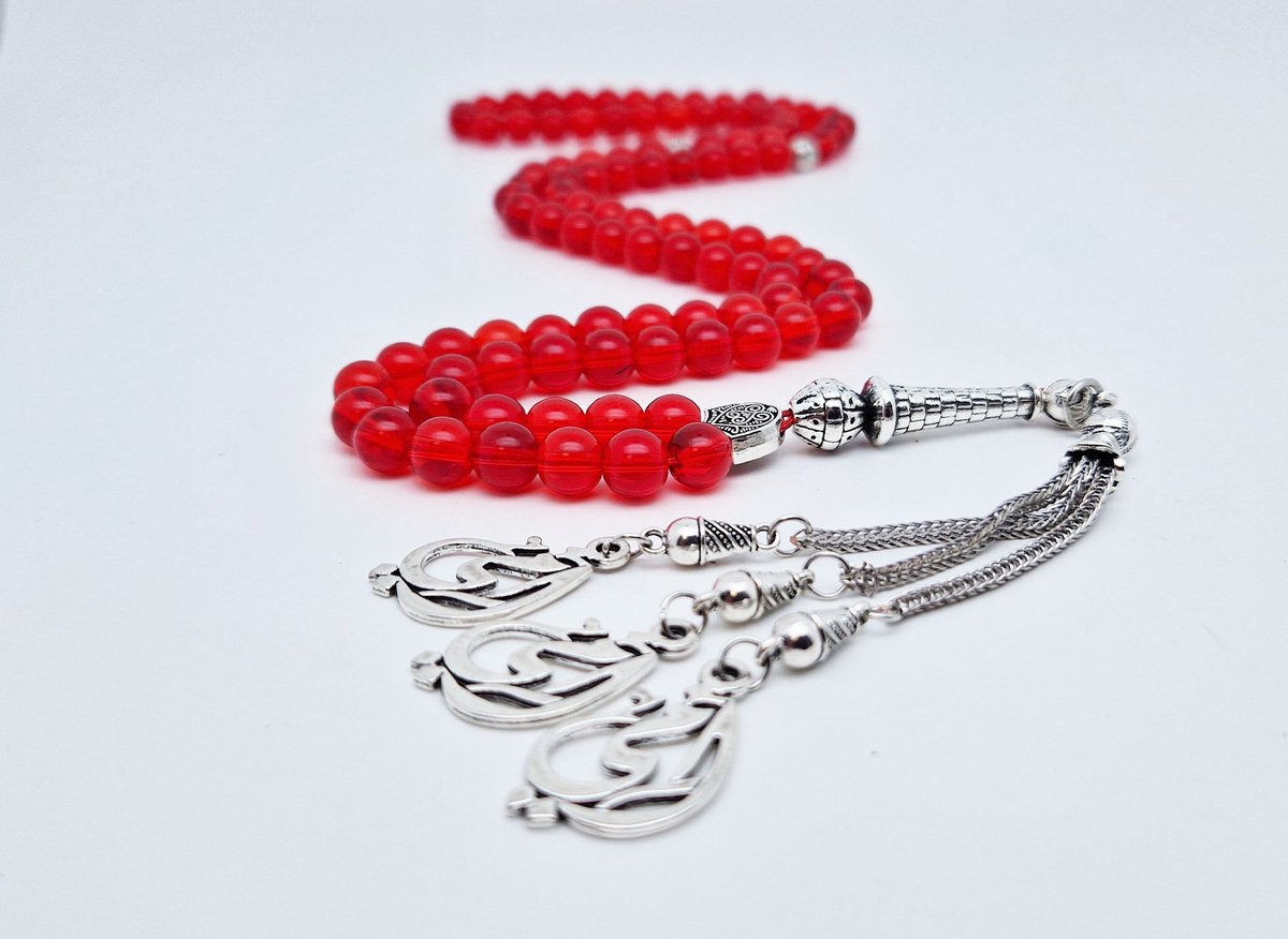 Handgemaakte tesbih "Tasbih" natuursteen "Rode kwarts" - Aantal kralen 99 - Diameter kralen 8MM - met metaal tassel "Mijn moeder" - Een mooi cadeau-idee