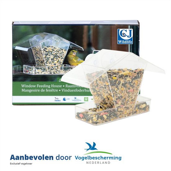 Verpakking met transparant raamvoederhuisje met vogelvoer en logo's.