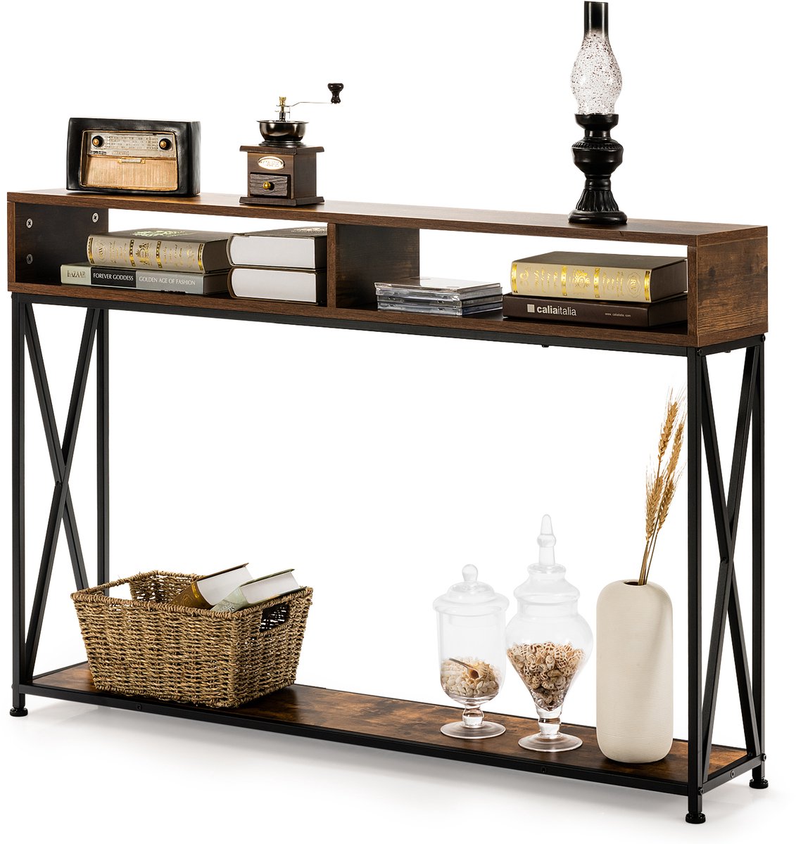 COSTWAY 2 Lagen consoletafel, gangtafel entreetafel met open plank & opbergcompartimenten, stevige stalen frame, verstelbare voeten, anti-kantelen ontwerp, compacte industriële bijzettafel voor woonkamer/entree/gang, 120 x 23 x 79 cm