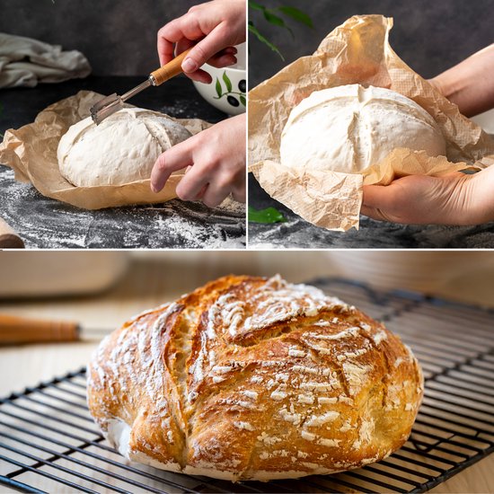 Collage: brooddeeg inkerven, brood in bakpapier houden en gebakken brood met knapperige korst op rooster.