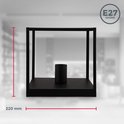 Zwarte vierkante lampenkap met E27 fitting en afmetingen van 220 mm breed.