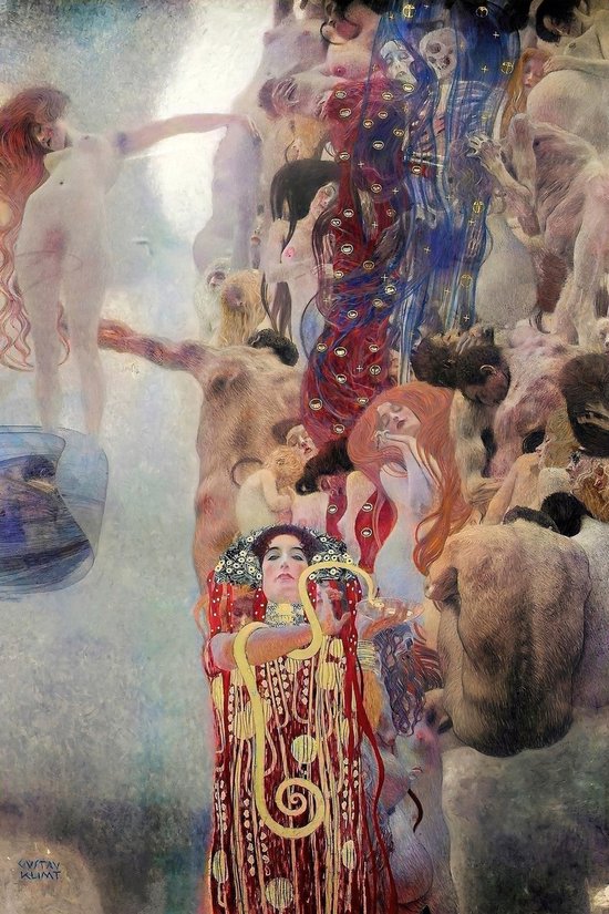 GUSTAV KLIMT - geneeskunde schilderij met vrouw in gouden jurk en slang.