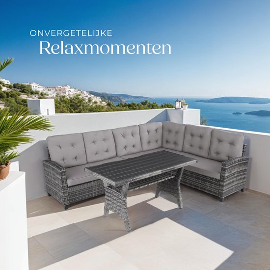 tectake® Wicker zitgroep tuinbank - Loungeset met bank en eettafel - Hoekbank - Buitenlounge - Zithoek - Weerbestendig - Tuin, balkon, wintertuin, terras - Zithoogte 41 cm - Grijs