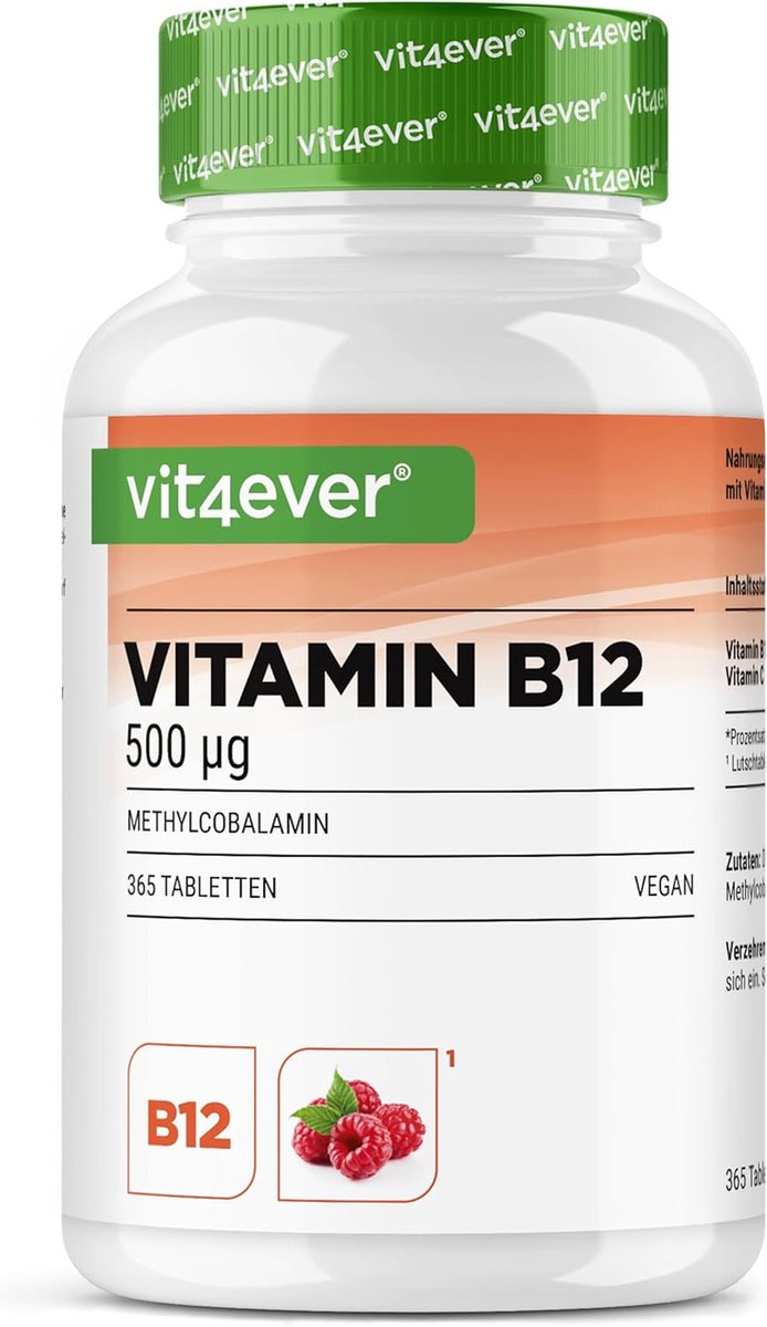 Vitamine B12-Complex - 365 zuigtabletten - Premium: Beide actieve vormen + depotvorm + folaat (5-MTHF uit Quatrefolic®) - Veganistisch - Hooggedoseerden met frambozensmaak - Premium: Actieve Methylcobalamine - Hoge Dosis | Vit4ever
