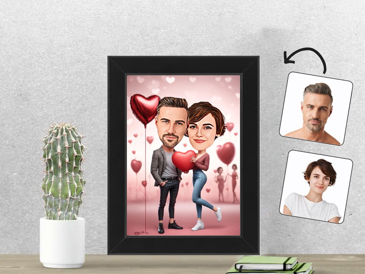 Romantisch Stel met Hartballonnen - Gepersonaliseerde Karikatuur Fotolijst 13x18 cm - Gepersonaliseerd Cadeau - Met Jouw Foto - Verjaardag - Kerst - Valentijn - Uniek en Handgemaakt - Cadeau - Huwelijk - Moederdag - Vaderdag - Jubileum - Liefdevol