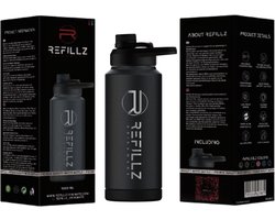 Refillz Drinkware® - (NEW) Pro X Bottle Blackz - Dubbelwandige Thermo Drinkfles 1000ML - Waterfles - RVS Bidon - Hydrate Lid Pro - 24u koud / 12u warm - Lekvrij Design - BPA Vrij