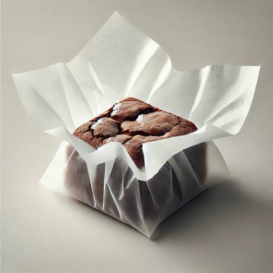 Een chocoladecake met een glanzende bovenkant, verpakt in wit vloeipapier.