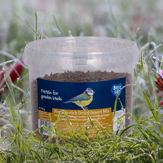 Transparante emmer met gedroogde insecten, met een blauw label met een vogel erop. "Protein for garden birds".