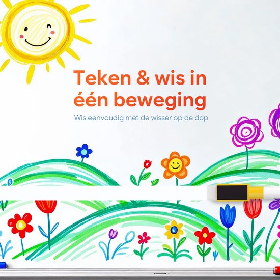 Teken & wis in één beweging, met een wisser op de dop. Een vrolijke zon en kleurrijke bloemen.