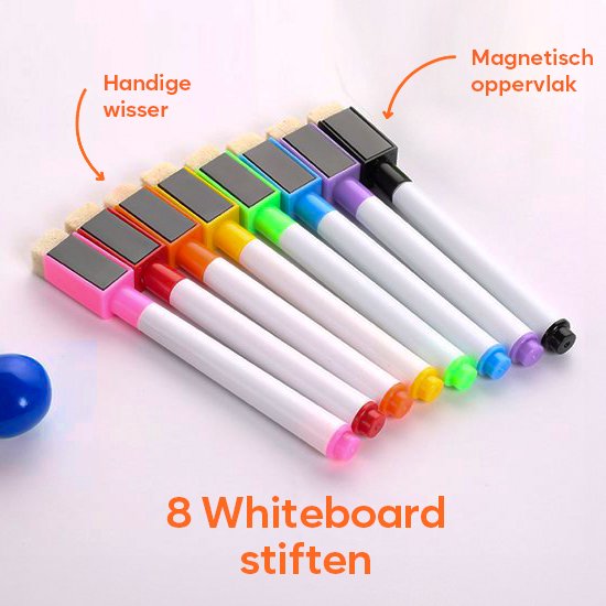 Acht whiteboard stiften, elk met een gekleurde dop en een zwarte wisser met magneet.