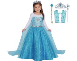 Product afbeelding van Joya Kids® Luxe Blauwe ijsprinses Verkleed Jurk met Ster | Glamour Jurk met sleep | Prinsessenjurk meisje | Verkleedjurk + Accessoires set | Blauw | Maat 134/140 (140)