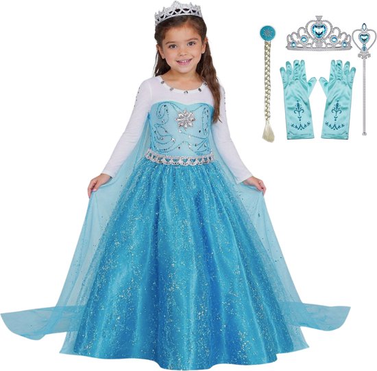 Joya Kids® Luxe Blauwe ijsprinses Verkleed Jurk met Ster | Glamour Jurk met sleep | Prinsessenjurk meisje | Verkleedjurk + Accessoires set | Blauw | Maat 134/140 (140)