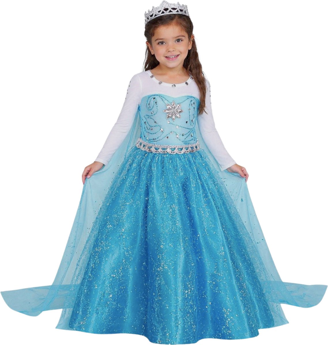 Joya Kids® Luxe Blauwe ijsprinses Verkleed Jurk met Ster | Glamour Jurk met sleep | Prinsessenjurk meisje | Verkleedjurk + Accessoires set | Blauw | Maat 128/134 (130) — afbeelding 11