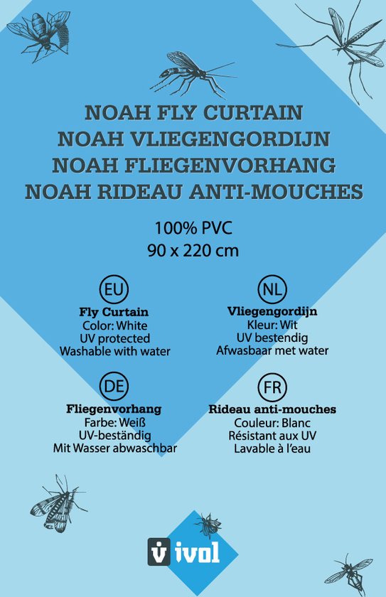 Verpakking van een wit vliegengordijn van 100% PVC, 90 x 220 cm, UV-bestendig en wasbaar.